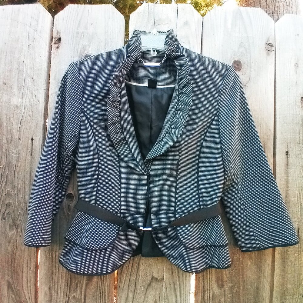 White House Black Market Dot Flirty Suit Jacket 00 Ruffle Collar Belt Fall